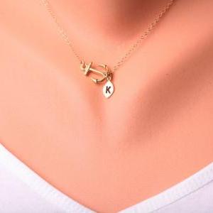 Gold Anchor Necklace,sideways Anchor With Leaf..