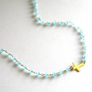 Layered Chalcedony And Cross Necklace,long..
