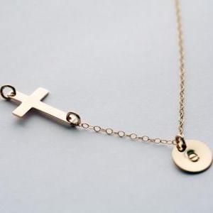 Gold Sideways Cross Necklace With Initial..