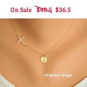 -gold Sideways Cross Necklace With Initial..