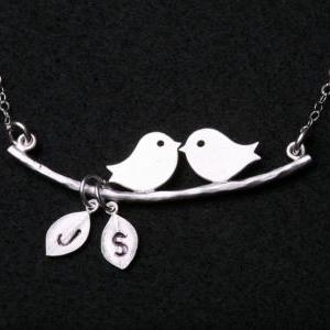 Bird On The Branch,kissing Birds Necklace,two Leaf..