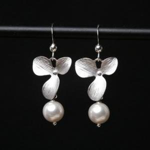 Orchid Flower And Pearl Earrings,sterling Silver..
