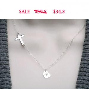 -sideways Cross Necklace With Initial Charm,heart..