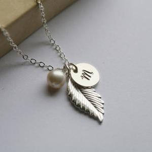 Monogram Necklace,sterling Silver Feather..