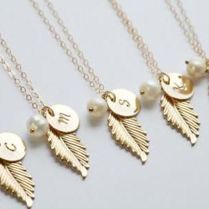 set of 6,Gold Feather Necklace,Init..
