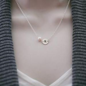 Initial Necklace, Tiny Initial Charm And Pearl..