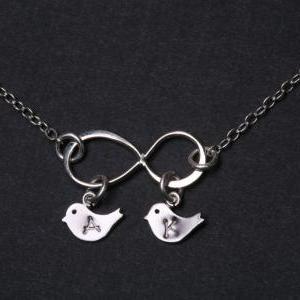 Silver Infinity Necklace With Bird Initial..