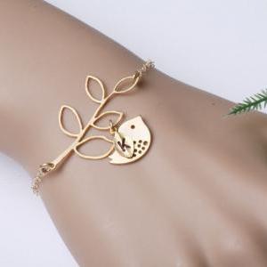 Leaf Branch And Bird Bracelet,leaf Bracelet,gold..