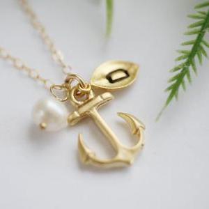 -gold Anchor Necklace,anchor With Leaf..