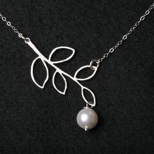 Silver Leaf Twig Branch And Pearl On Sterling..