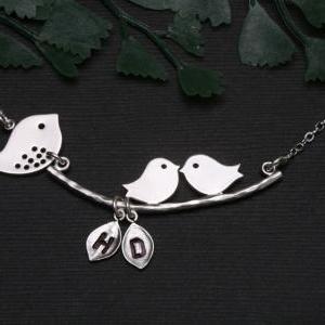 Family Bird Initial Necklace,leaf..