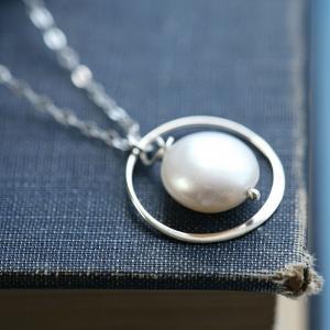 Circle necklace,Coin pearl sterling..