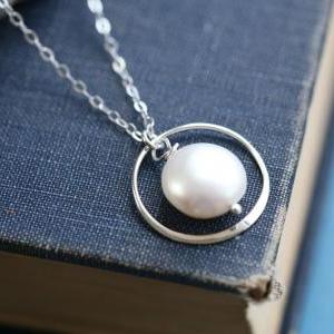 Circle Necklace,coin Pearl Sterling Silver..