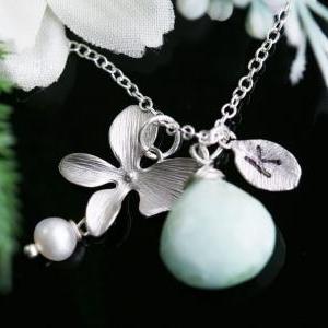 Orchid Flower Necklace,leaf Initial,customize..