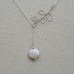 Leaf Necklace,branch And Coin Pearl On Sterling..