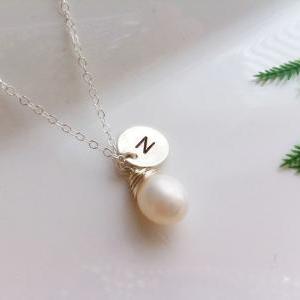 initial necklace,wire wrapped pearl..