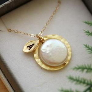 Gold Circle Necklace,coin Pearl, Leaf Initial,..