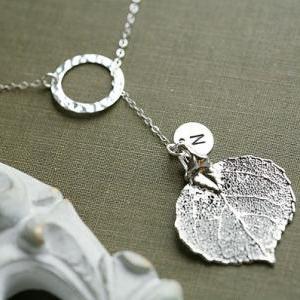 Circle Necklace,real Aspen Leaf,initial Sterling..