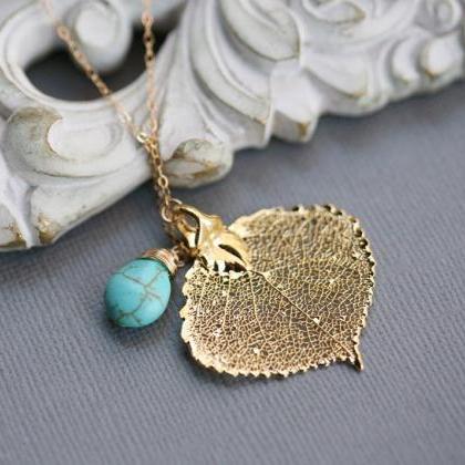 Gold Aspen Leaf Necklace,real Leaf..