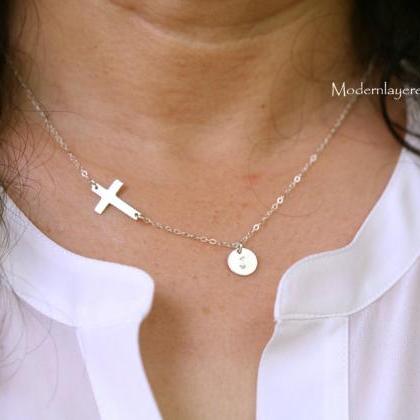 Sideways Cross Initial Necklace,personalized Cross..