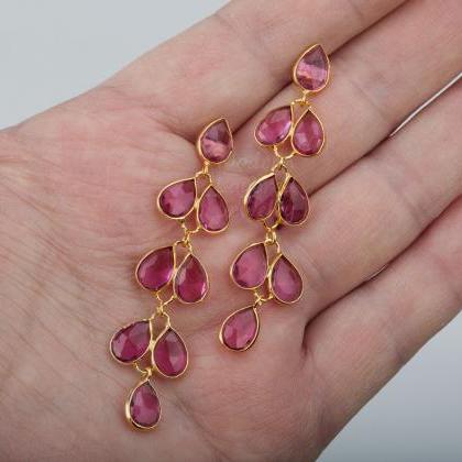 Five Tier Pink Quartz Earring,long Dangle Pink..