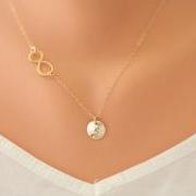 Gold Infinity necklace with initial charm,Sideways,Initial necklace,Friendship,Personalized initial,Everyday,horizontal cross,