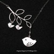 Bird initial,Bird Necklace,Mom and baby,Mother Jewelry,Initial necklace,Mother's day,Family Bird,Lariat Sterling Silver Necklace