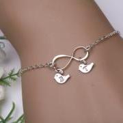 Infinity bird Bracelet, TWO Initials letter Bracelet, Personalized Infinity jewelry, Monogram Bracelet, Couple Monogram Jewelry