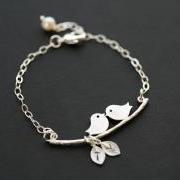 Initial Bracelet,Bird on the branch,Leaf initial,Bridesmaid gifts,Wedding Jewelry,Friendship,Mother Jewelry,Mom and baby