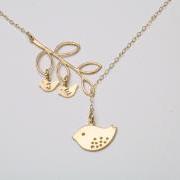 Gold Bird initial,Bird Necklace,Mom and baby,Mother Jewelry,Initial necklace,Mother's day,Family Bird,Lariat Sterling Silver Necklace
