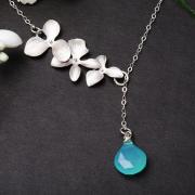 Orchid flower sterling silver necklace,Aqua chalcedony,flower necklace,wedding jewelry,bridesmaid gifts,flower girl,birthday gift