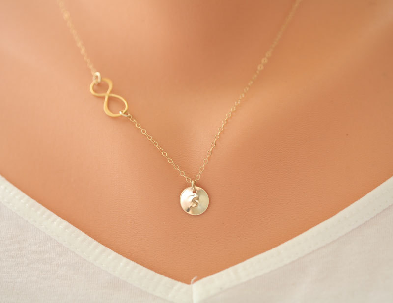 Gold Infinity Necklace With Initial Charm,sideways,initial Necklace,friendship,personalized Initial,everyday,horizontal Cross,
