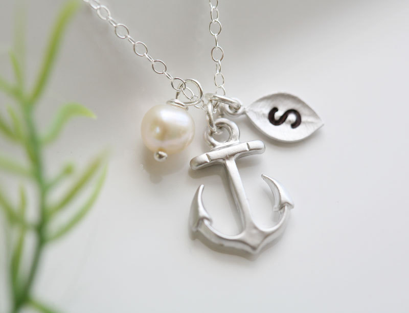 Anchor Necklace,anchor With Leaf Initial,pearl,sailors Anchor,wedding Jewelry,bridesmaid Gifts,daily Jewelry,strength,