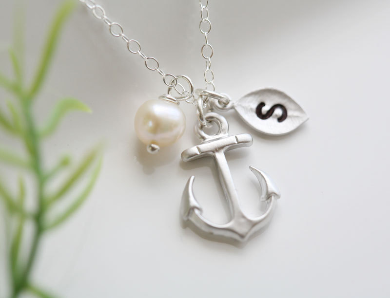 Anchor Necklace,Anchor With Leaf Initial,Pearl,Sailors Anchor,Wedding