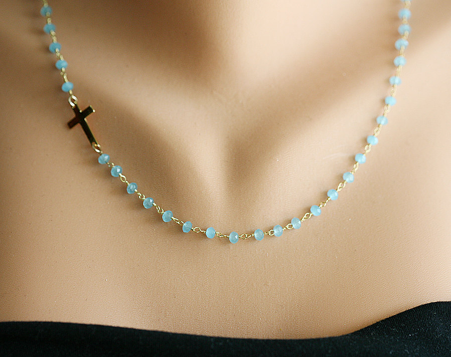 Layered Chalcedony And Cross Necklace,long Necklace,sideways Cross Necklace,gold,mother Jewelry,chalcedony