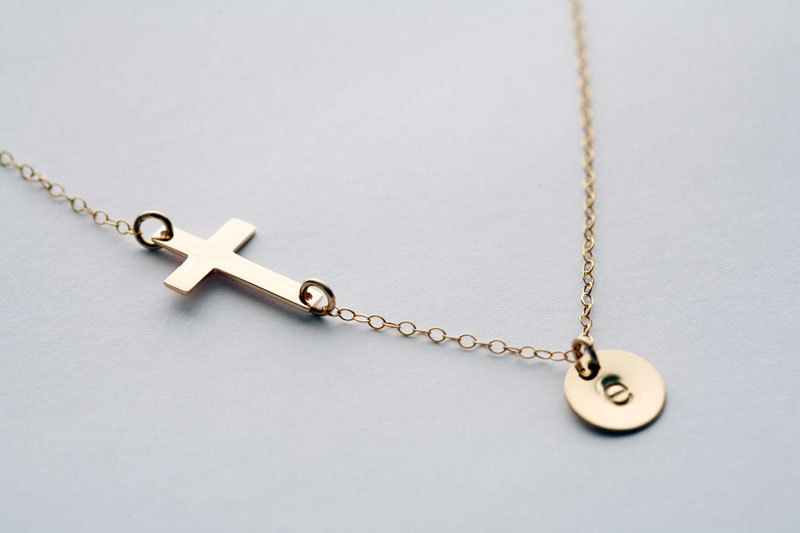 Gold Sideways Cross Necklace With Initial Charm,gold Filled,initial Necklace,blessed,personalized Initial,everyday,horizontal Cross,