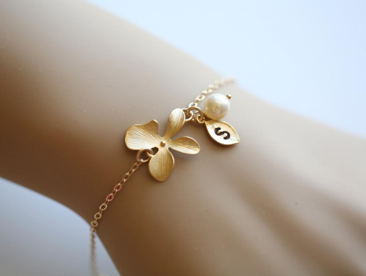 Orchid Flower Gold Fill Bracelet,Leaf initial,initial bracelet,Bridesmaid gifts,Flower girl gift,Pearl,Wedding Jewelry