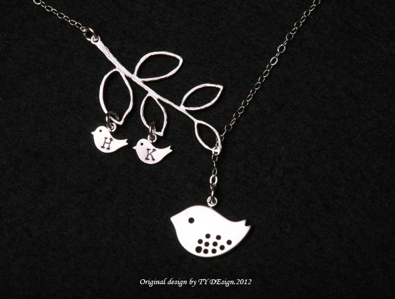 Bird initial,Bird Necklace,Mom and baby,Mother Jewelry,Initial necklace,Mother's day,Family Bird,Lariat Sterling Silver Necklace