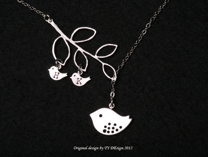 Bird Initial,bird Necklace,mom And Baby,mother Jewelry,initial Necklace,mother's Day,family Bird,lariat Sterling Silver Necklace