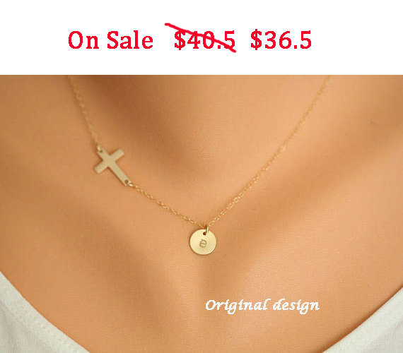 -gold Sideways Cross Necklace With Initial Charm,gold Filled,initial Necklace,blessed,personalized Initial,everyday,horizontal Cross,