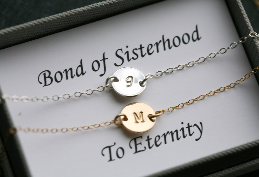 Sisterhood necklace,Thank you card with necklace,Silver & Gold,bridesmaids jewelry,initial necklace for bridesmaidsaid,Message card