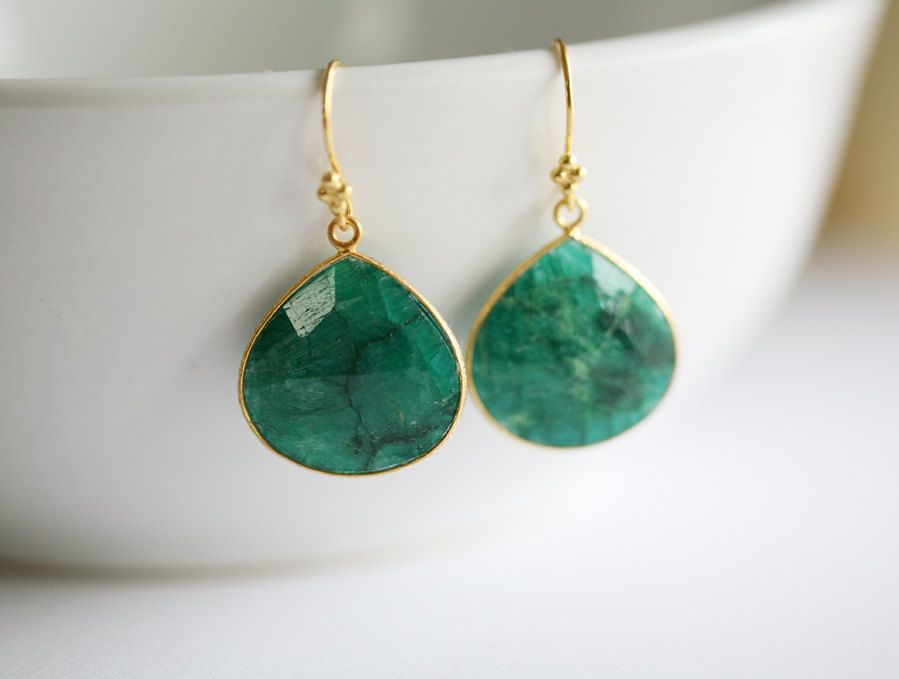 Real Emerald Earrings,large Stone Earrings,emerald Wedding,emerald Stone In Bezel,gold,bridesmaid Gifts,everyday Jewelry