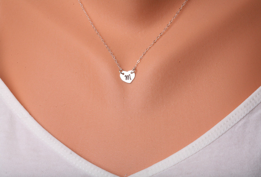 Heart initial Sterling silver Necklace,Small initial charm,Simple Daily Jewelry,Bridesmaid Gifts,Wedding Jewelry,Heart connector
