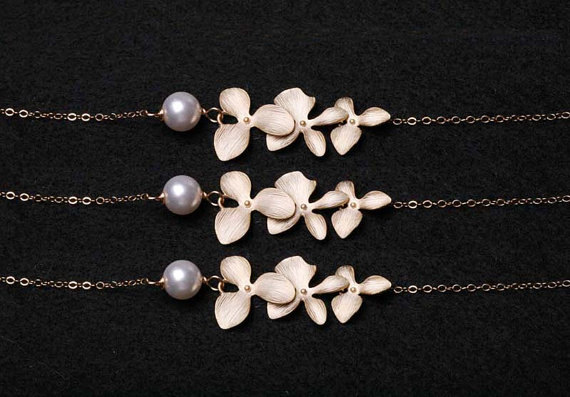 Set of 6,Bridesmaid necklace,Orchid and pearl gold fill necklace,Pearl necklace,Flower girl gift,Flower necklace,wedding jewelry