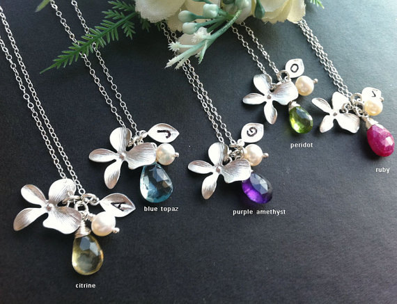 Set of 6,Orchid flower Necklace,leaf initial,customize initial and birthstone,bridesmaid gifts,flower girl,wedding jewelry,birthday