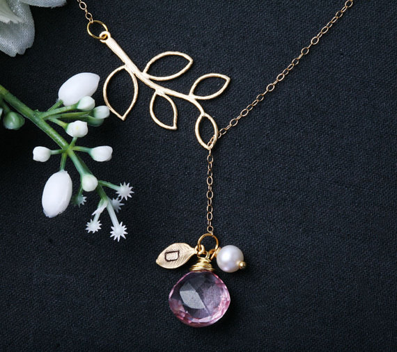 Personalized Initial And Birthstone,gold Branch Twig Leaf Necklace, Wedding Jewelry, Bridal Favor, Bridesmaid Gifts