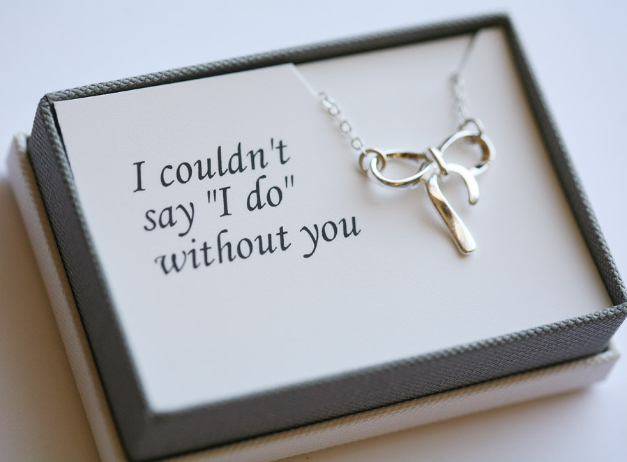 Thank you card with necklace,Sterling Silver Bow necklace,Ribbon,Knot,Tie the knot,Wedding Jewelry,Bridal,Bridesmaid gifts,WEddings