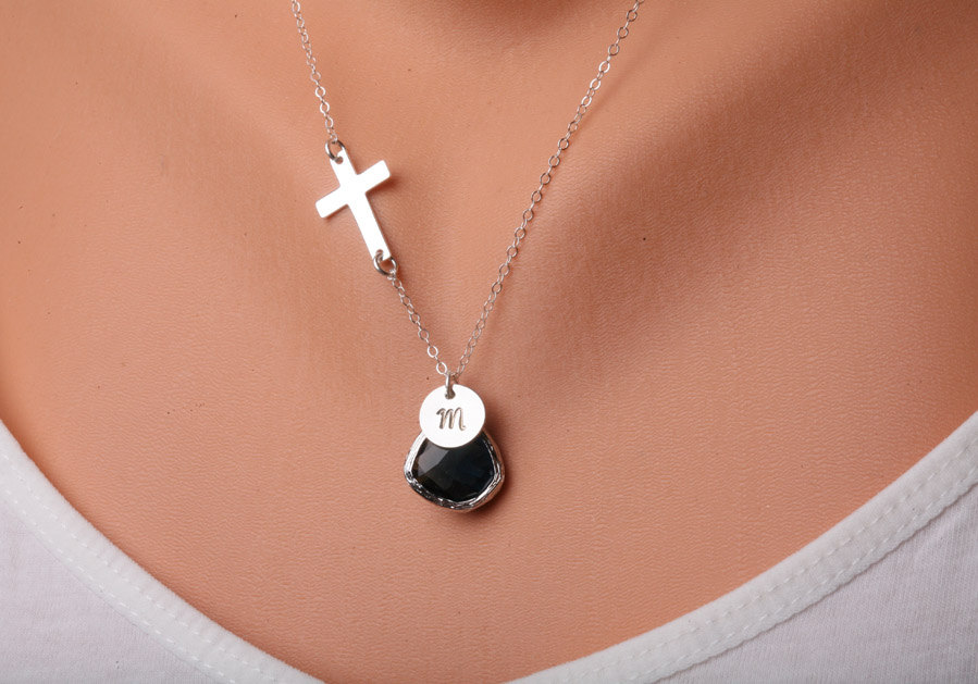 Cross Necklace,blessed Necklace,small Sterlingn Silver Cross,custom Initial And Birthstone,original Design,birthday