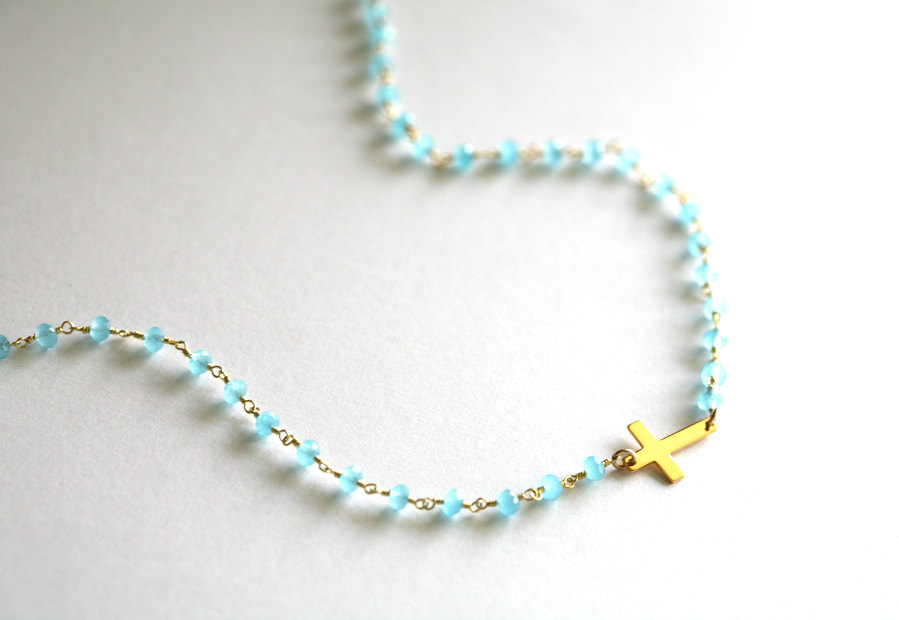 Long Layered Chalcedony And Cross Necklace,long Necklace,sideways Cross Necklace,gold,mother Jewelry,chalcedony