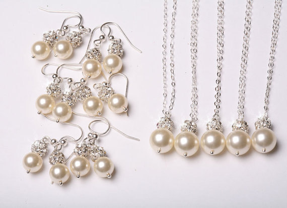 Set of 6,Bridesmaid Jewelry set,Crystal Rhinestone and pearl Sterling Silver Necklace and earrings,Wedding Jewelry